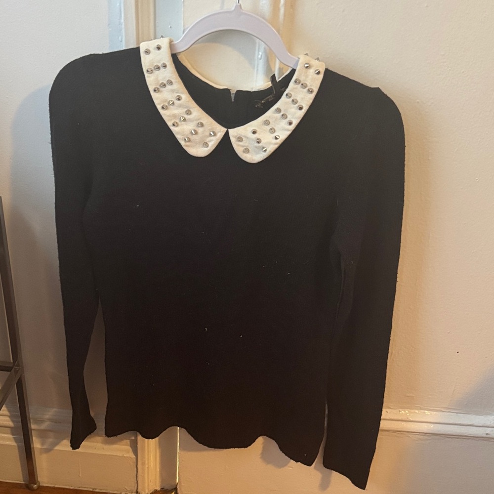 Maje Black Sweater with Studded White Peter Pan Collar